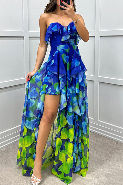 Vestidos irregulares sexys con estampado degradado, volantes y aberturas, sin tirantes (3 colores)