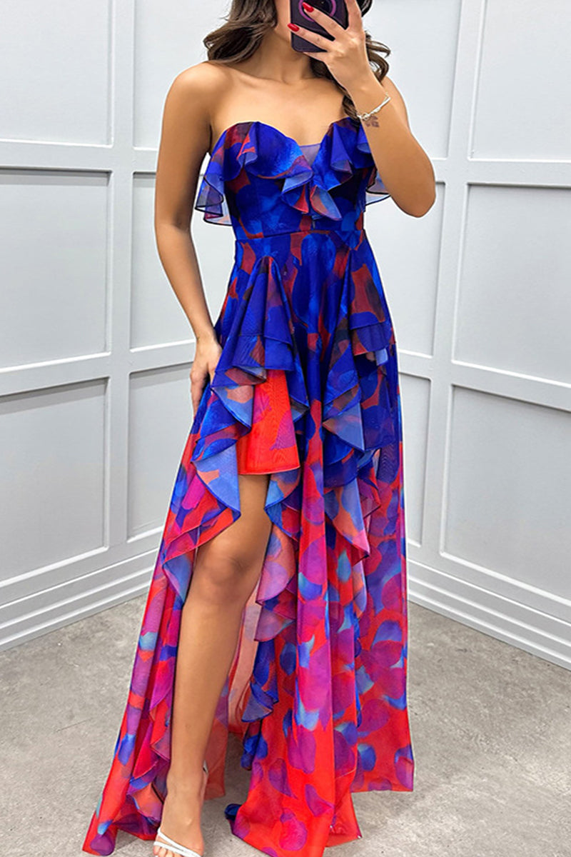 Vestidos irregulares sexys con estampado degradado, volantes y aberturas, sin tirantes (3 colores)