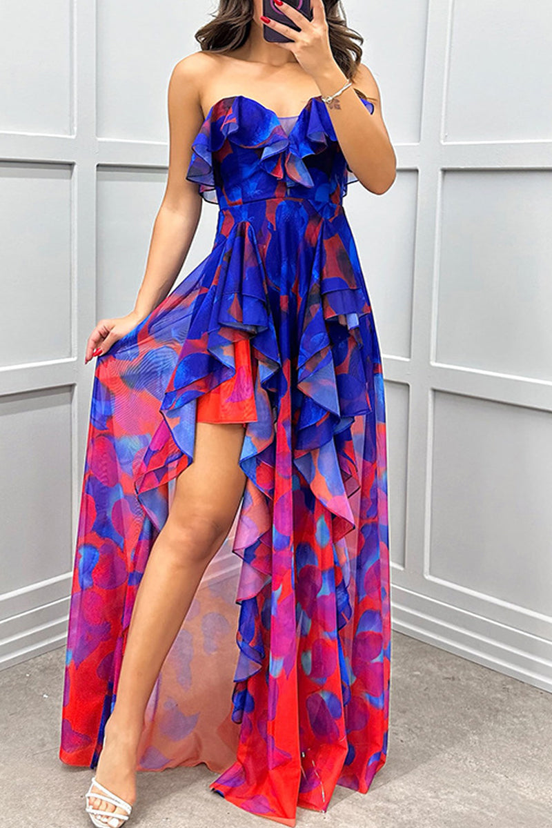 Vestidos irregulares sexys con estampado degradado, volantes y aberturas, sin tirantes (3 colores)