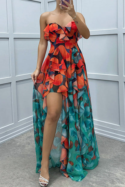 Vestidos irregulares sexys con estampado degradado, volantes y aberturas, sin tirantes (3 colores)