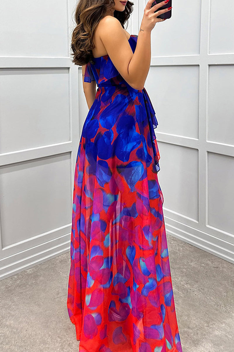 Vestidos irregulares sexys con estampado degradado, volantes y aberturas, sin tirantes (3 colores)