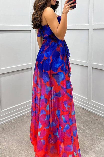 Vestidos irregulares sexys con estampado degradado, volantes y aberturas, sin tirantes (3 colores)