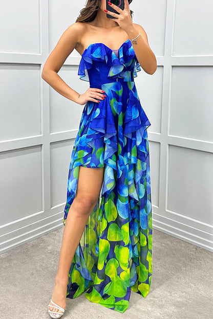 Vestidos irregulares sexys con estampado degradado, volantes y aberturas, sin tirantes (3 colores)