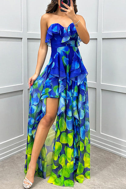 Vestidos irregulares sexys con estampado degradado, volantes y aberturas, sin tirantes (3 colores)