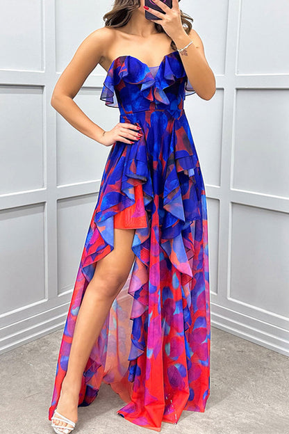 Vestidos irregulares sexys con estampado degradado, volantes y aberturas, sin tirantes (3 colores)