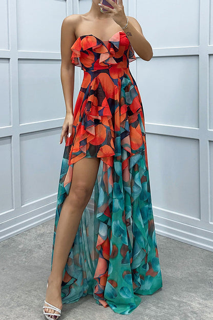 Vestidos irregulares sexys con estampado degradado, volantes y aberturas, sin tirantes (3 colores)