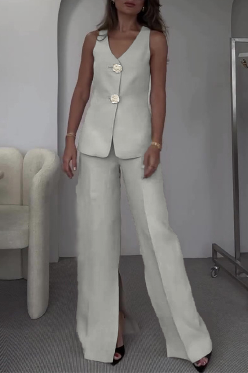 Elegante conjunto de dos piezas sin mangas con cuello en V y patchwork de color liso (12 colores)