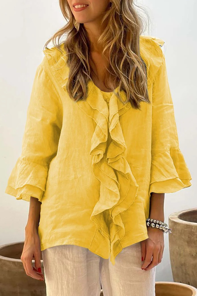 Blusas casuales de cuello en V con volantes de color liso para uso diario (7 colores)