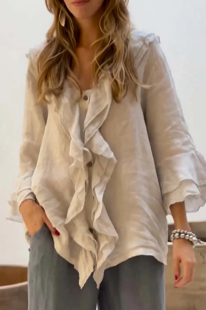 Blusas casuales de cuello en V con volantes de color liso para uso diario (7 colores)