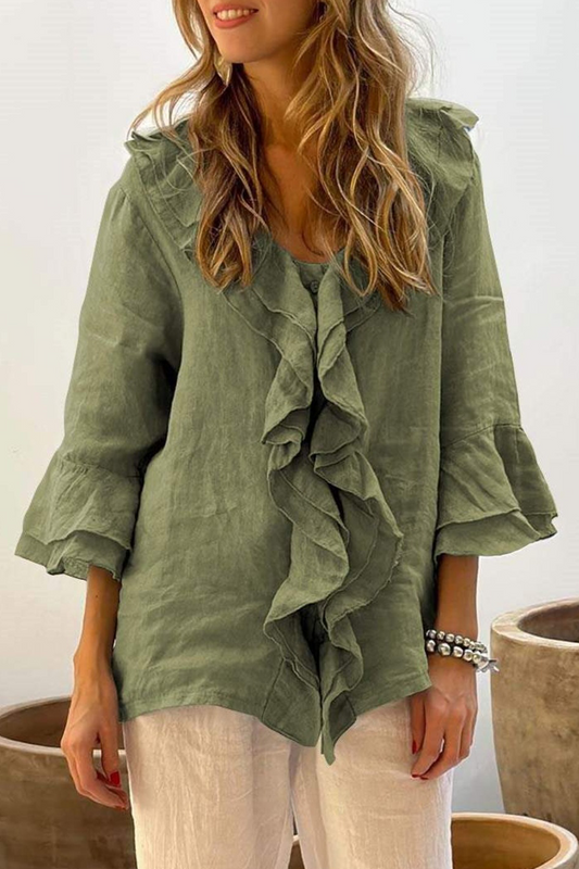 Blusas casuales de cuello en V con volantes de color liso para uso diario (7 colores)