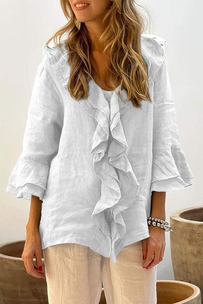 Blusas casuales de cuello en V con volantes de color liso para uso diario (7 colores)