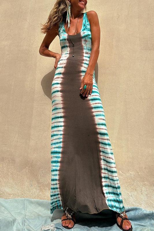 Vestidos sexis de falda de un solo paso con escote en U y espalda descubierta con estampado tie-dye