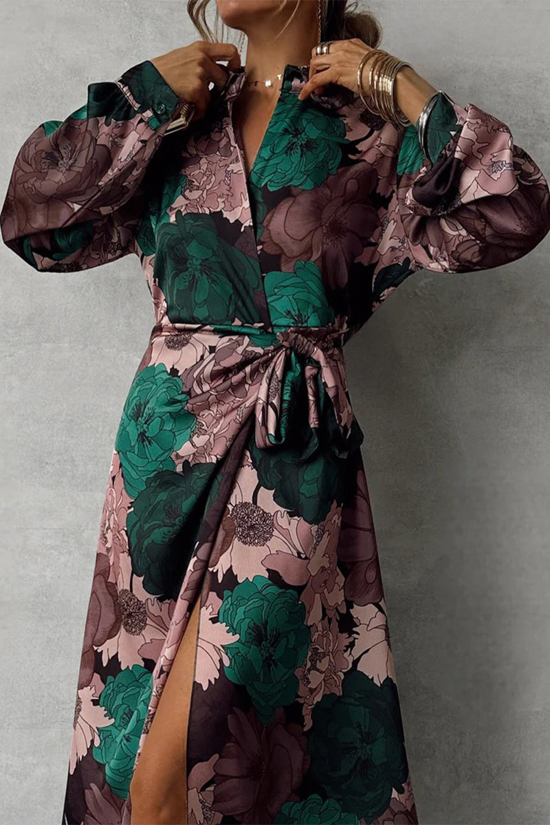 Vestidos camiseros elegantes con cuello vuelto, abertura y cordones con estampado floral para uso diario