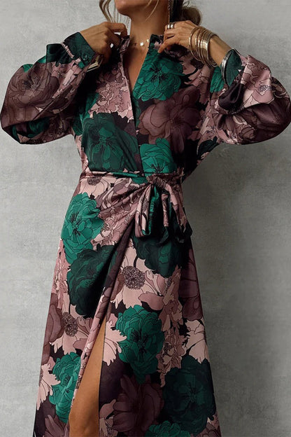 Vestidos camiseros elegantes con cuello vuelto, abertura y cordones con estampado floral para uso diario
