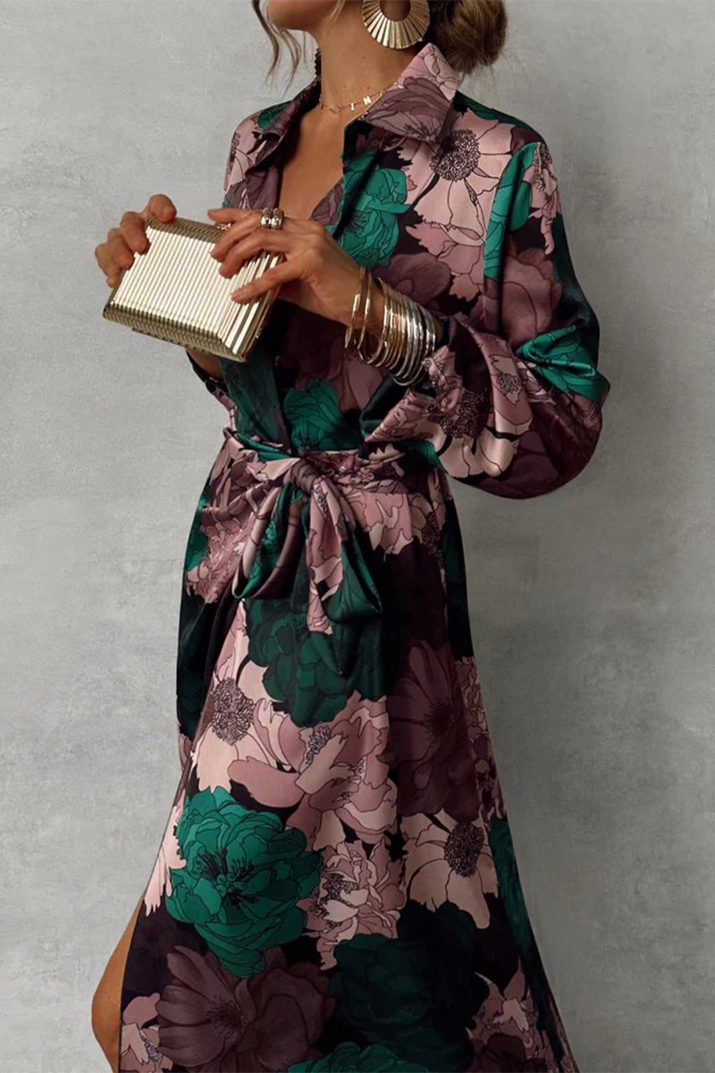 Vestidos camiseros elegantes con cuello vuelto, abertura y cordones con estampado floral para uso diario