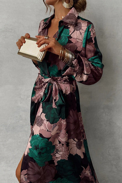 Vestidos camiseros elegantes con cuello vuelto, abertura y cordones con estampado floral para uso diario
