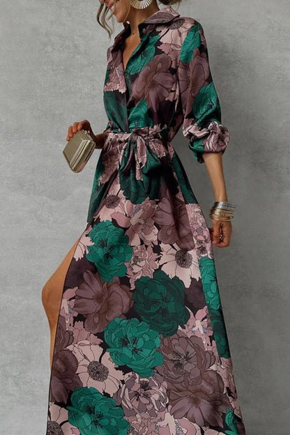 Vestidos camiseros elegantes con cuello vuelto, abertura y cordones con estampado floral para uso diario