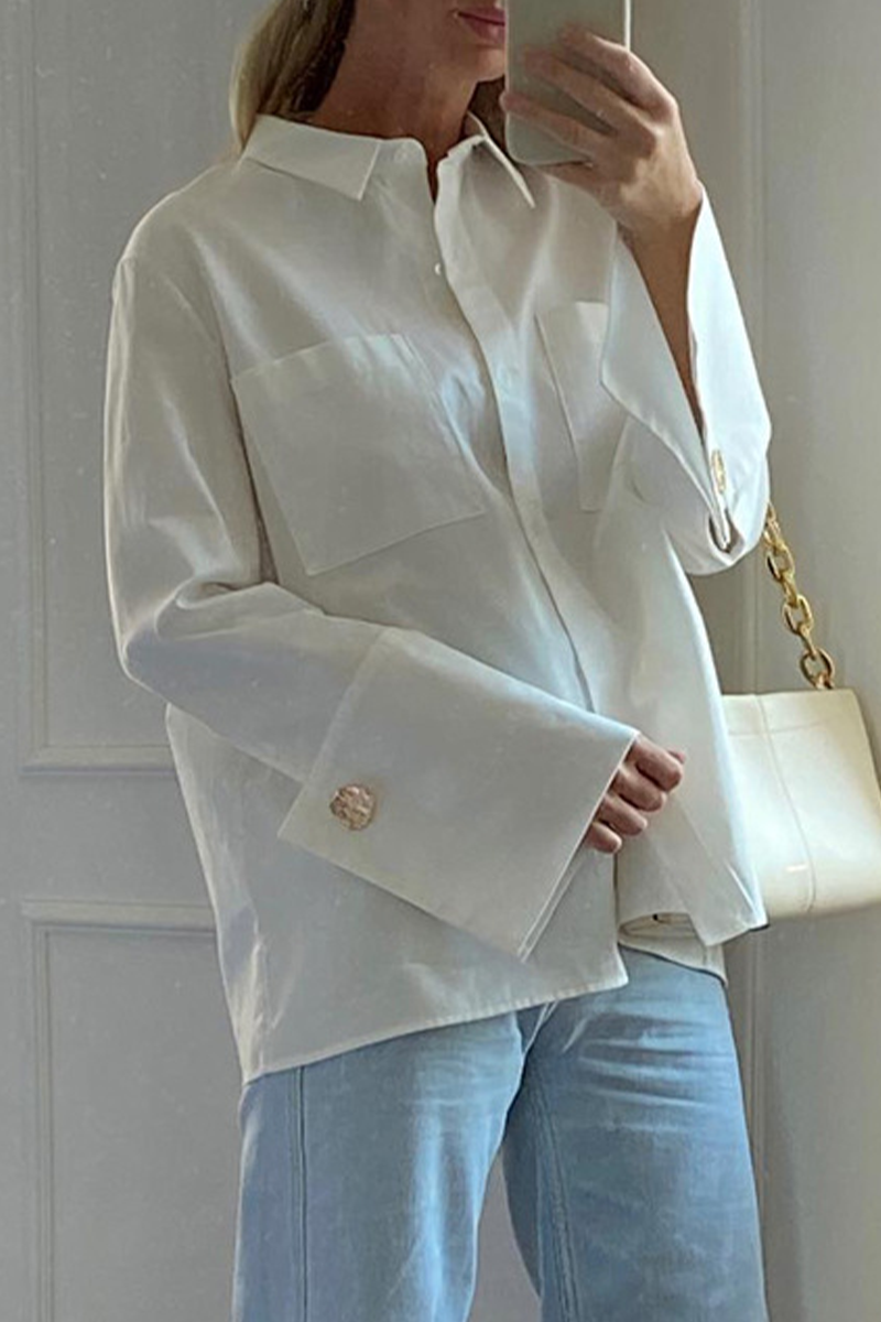 Blusas casuales de calle con bolsillos, botones y cuello vuelto