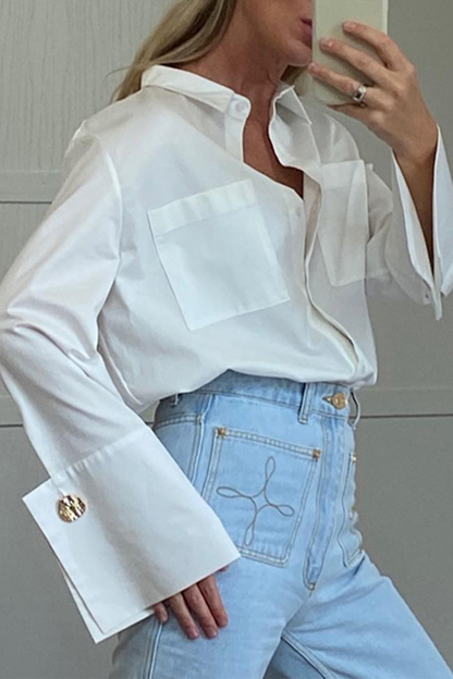 Blusas casuales de calle con bolsillos, botones y cuello vuelto