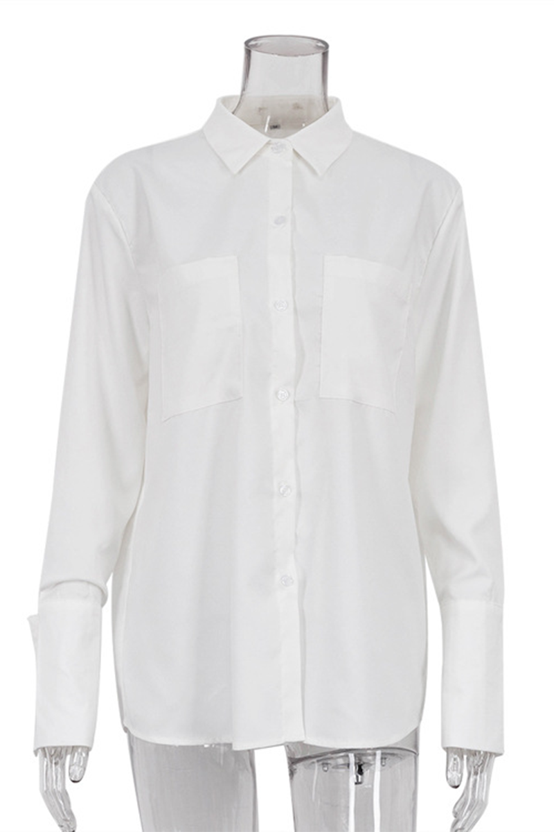 Blusas casuales de calle con bolsillos, botones y cuello vuelto