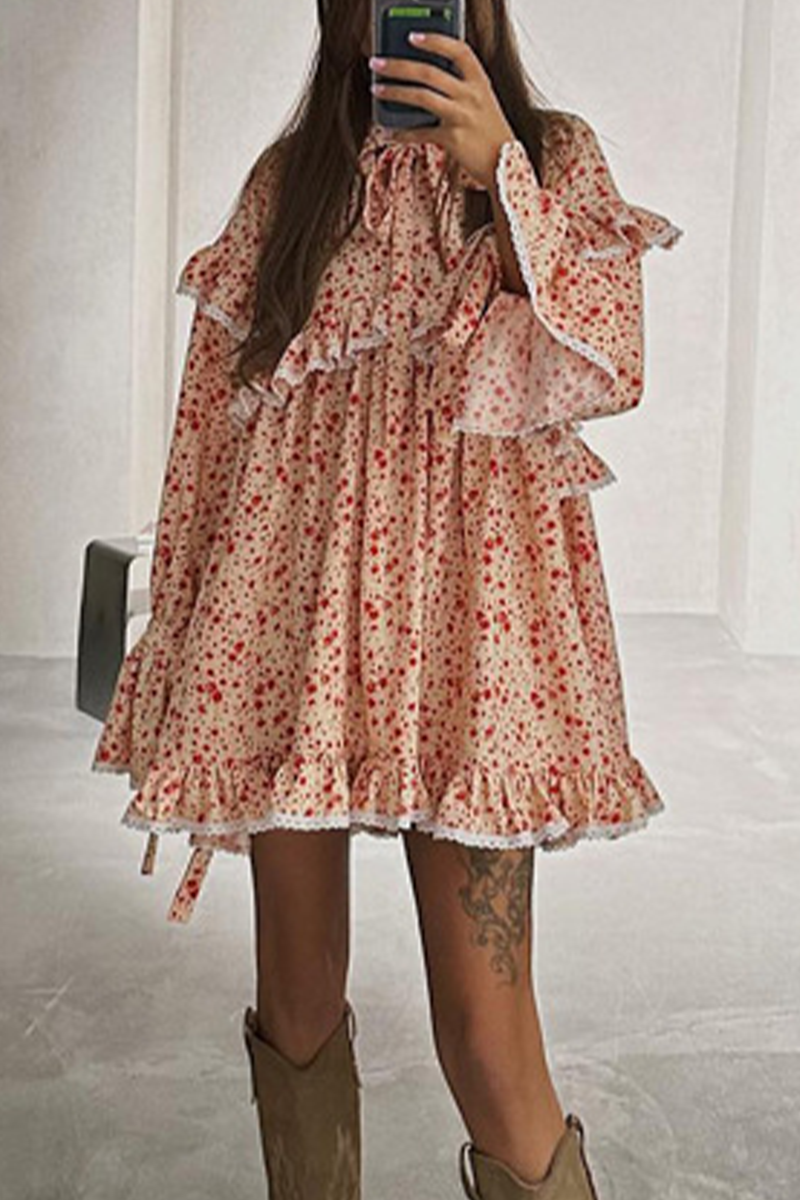 Elegante vestido de corte A con cuello alto, volantes, patchwork, flores y estampado de leopardo (3 colores)