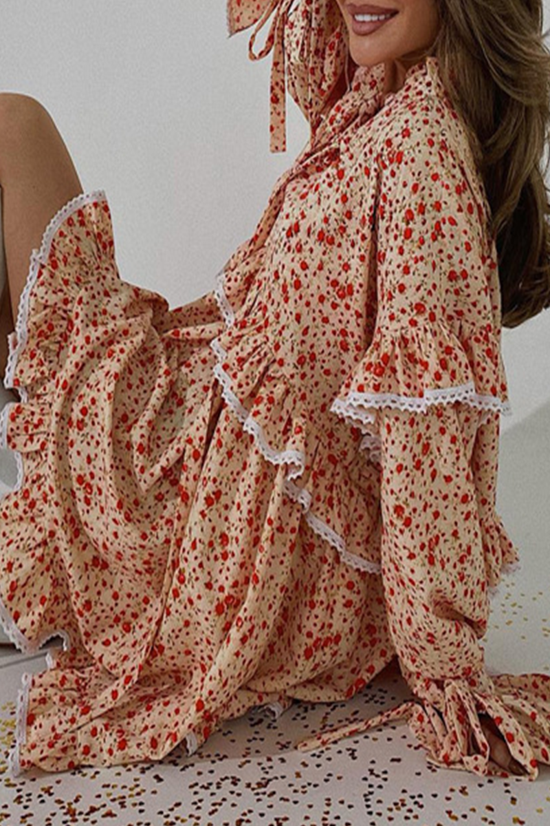 Elegante vestido de corte A con cuello alto, volantes, patchwork, flores y estampado de leopardo (3 colores)
