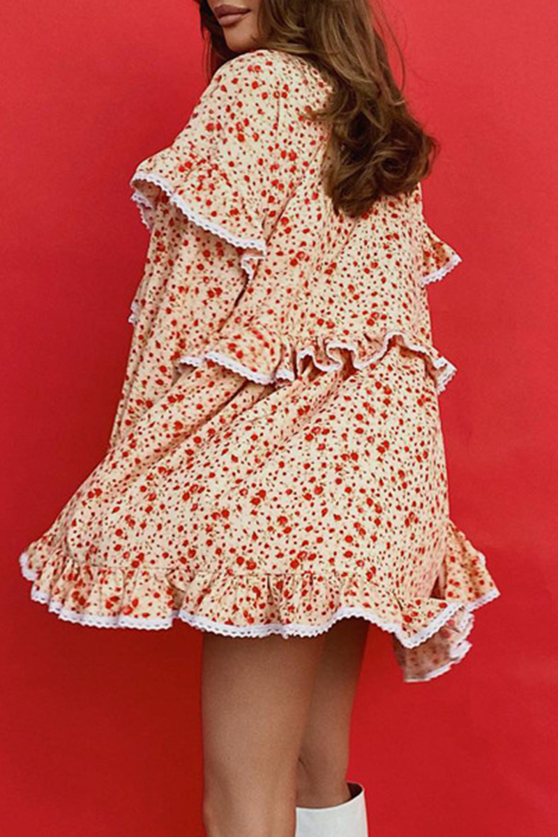 Elegante vestido de corte A con cuello alto, volantes, patchwork, flores y estampado de leopardo (3 colores)