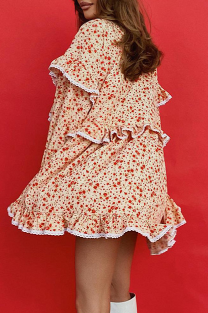 Elegante vestido de corte A con cuello alto, volantes, patchwork, flores y estampado de leopardo (3 colores)