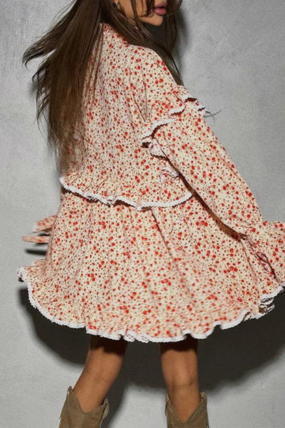 Elegante vestido de corte A con cuello alto, volantes, patchwork, flores y estampado de leopardo (3 colores)