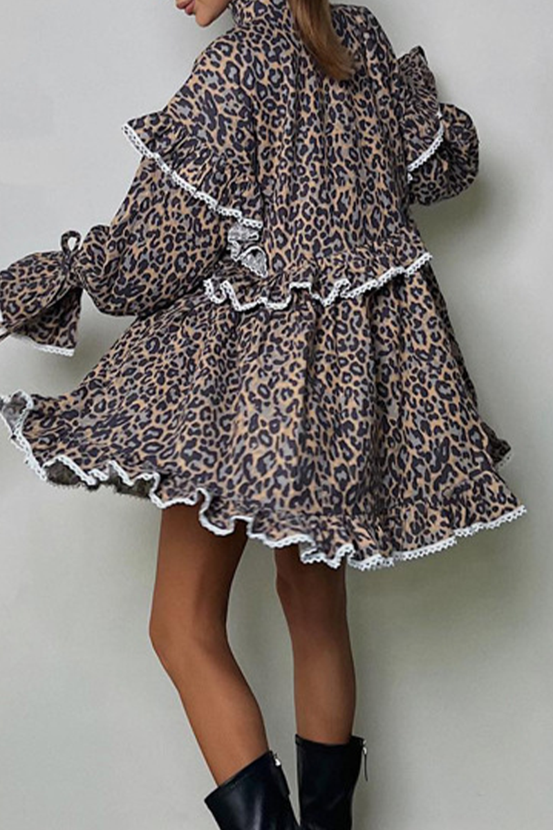 Elegante vestido de corte A con cuello alto, volantes, patchwork, flores y estampado de leopardo (3 colores)