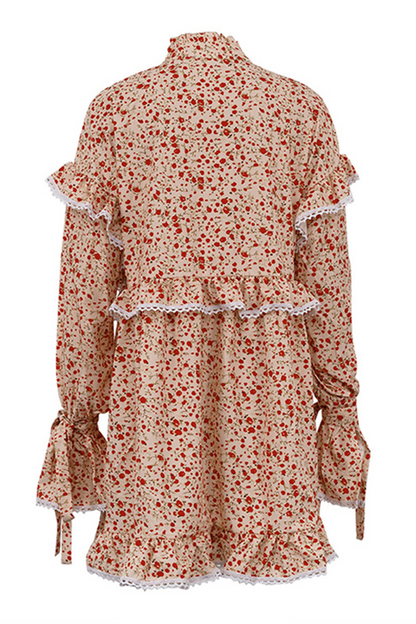 Elegante vestido de corte A con cuello alto, volantes, patchwork, flores y estampado de leopardo (3 colores)