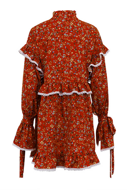 Elegante vestido de corte A con cuello alto, volantes, patchwork, flores y estampado de leopardo (3 colores)