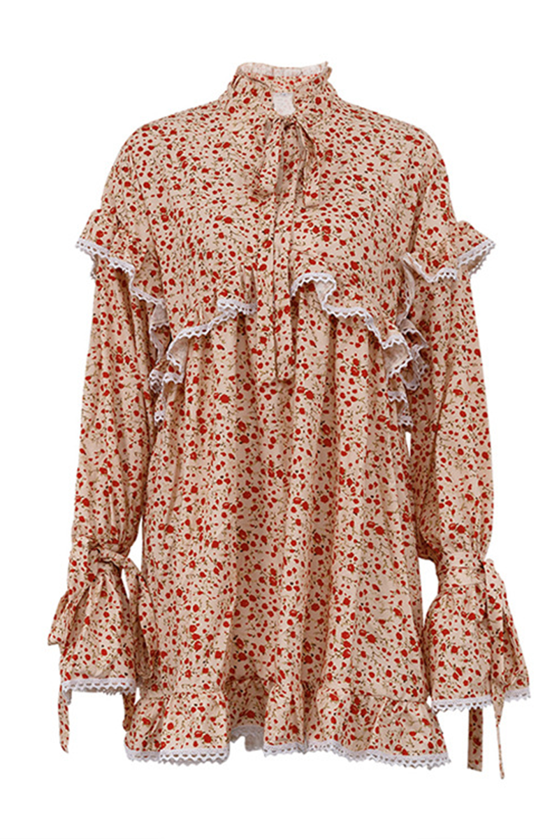 Elegante vestido de corte A con cuello alto, volantes, patchwork, flores y estampado de leopardo (3 colores)