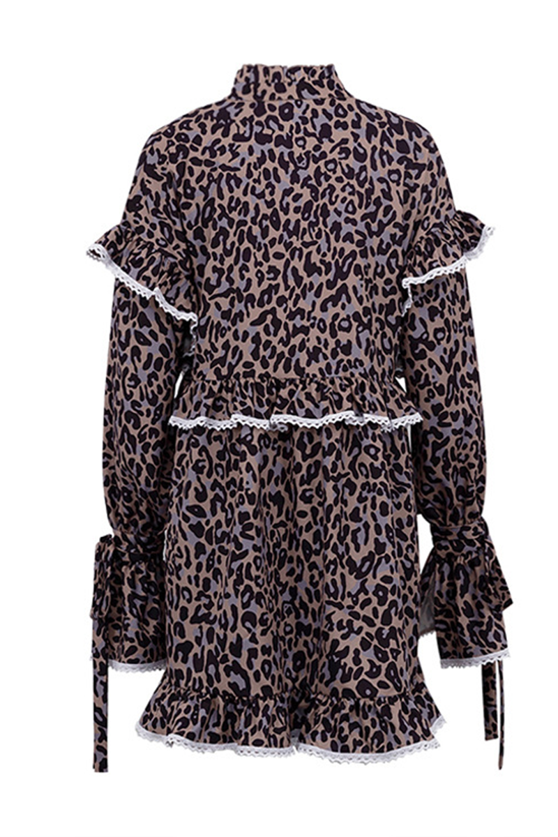 Elegante vestido de corte A con cuello alto, volantes, patchwork, flores y estampado de leopardo (3 colores)