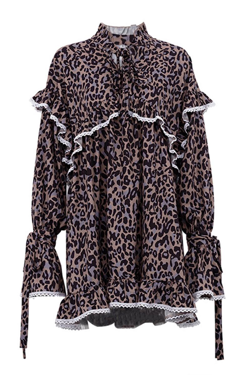 Elegante vestido de corte A con cuello alto, volantes, patchwork, flores y estampado de leopardo (3 colores)