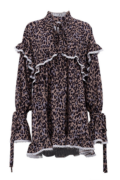 Elegante vestido de corte A con cuello alto, volantes, patchwork, flores y estampado de leopardo (3 colores)