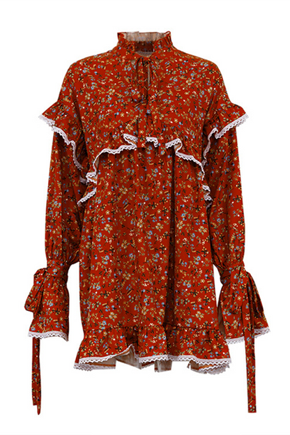 Elegante vestido de corte A con cuello alto, volantes, patchwork, flores y estampado de leopardo (3 colores)