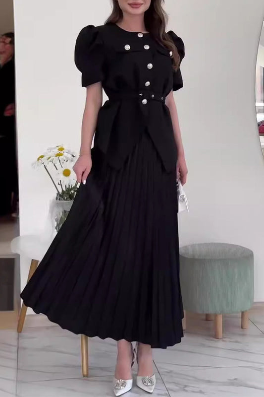 Conjunto de dos piezas con cuello redondo, manga corta y botones elegantes de celebridades (4 colores)