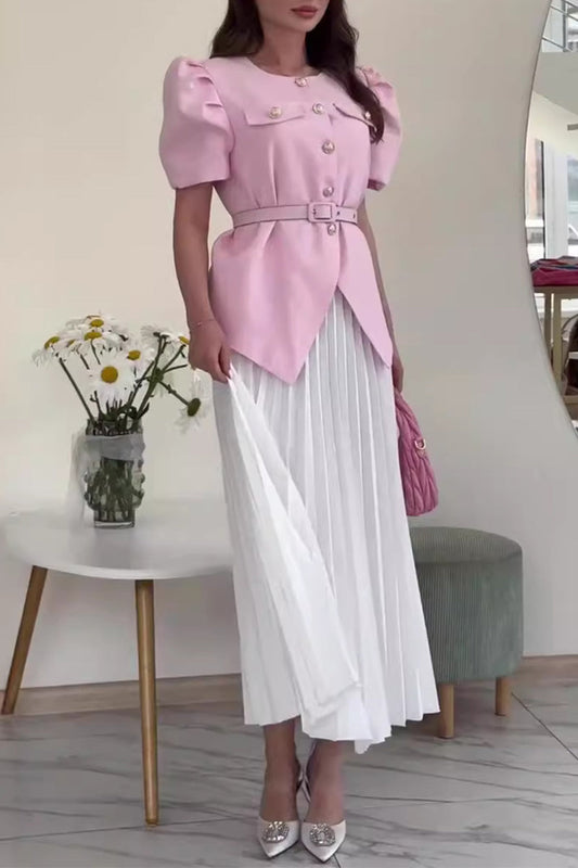 Conjunto de dos piezas con cuello redondo, manga corta y botones elegantes de celebridades (4 colores)
