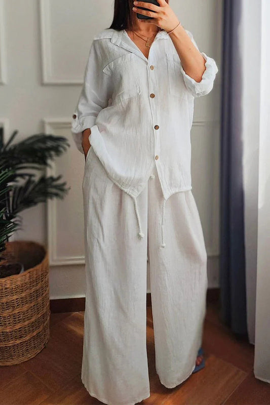 Conjunto informal de dos piezas con botones y cordón, cuello vuelto, manga larga (6 colores)