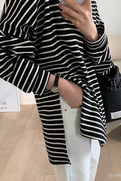 Tops casuales de cuello redondo con abertura y estampado de rayas para uso diario