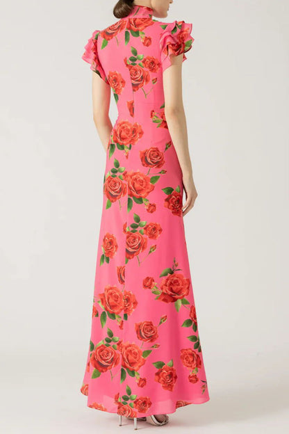 Elegante vestido de diario con flores, botones, volantes, cuello mandarín, falda de un solo paso