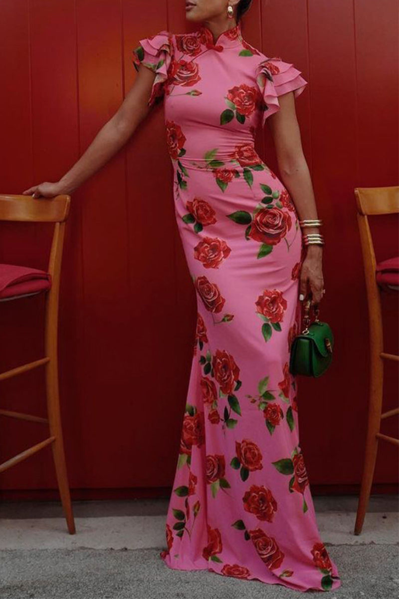 Elegante vestido de diario con flores, botones, volantes, cuello mandarín, falda de un solo paso