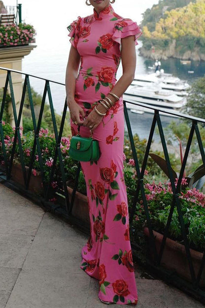 Elegante vestido de diario con flores, botones, volantes, cuello mandarín, falda de un solo paso