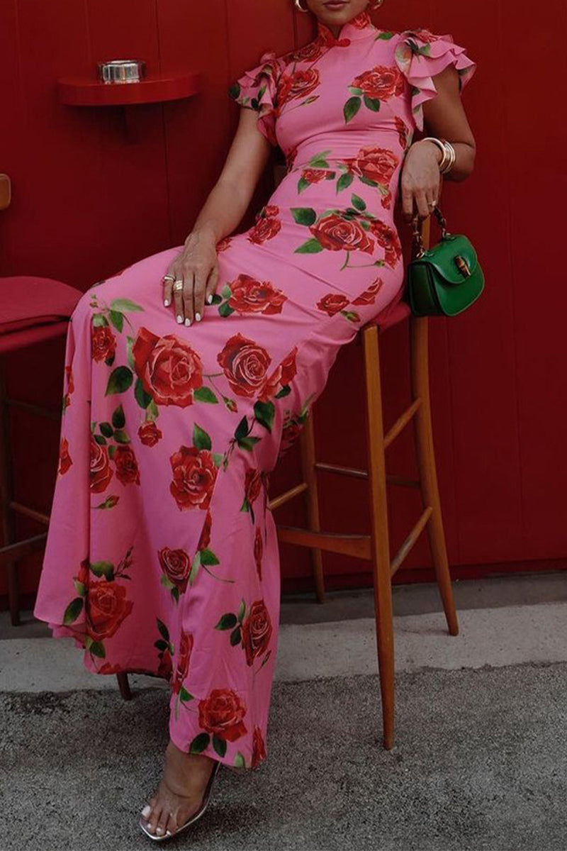 Elegante vestido de diario con flores, botones, volantes, cuello mandarín, falda de un solo paso