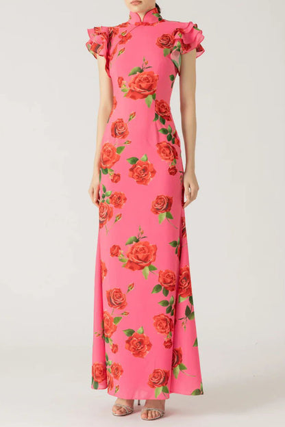 Elegante vestido de diario con flores, botones, volantes, cuello mandarín, falda de un solo paso