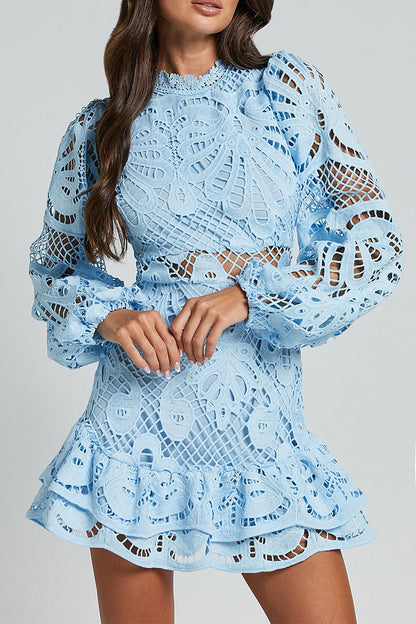 Vestido sexy de encaje con cuello mandarín y malla con volantes y aberturas (5 colores)