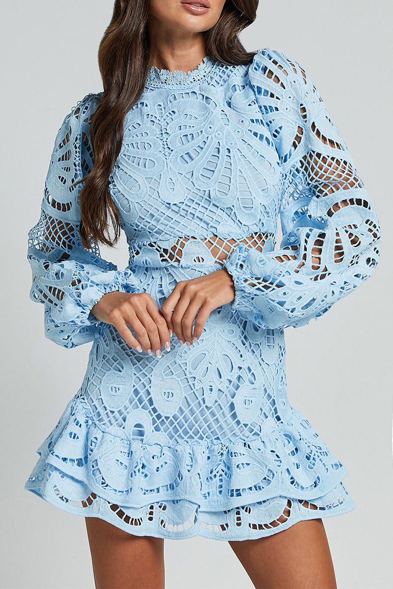 Vestido sexy de encaje con cuello mandarín y malla con volantes y aberturas (5 colores)