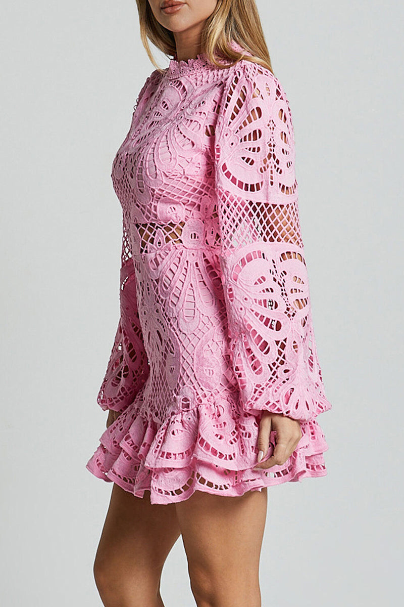 Vestido sexy de encaje con cuello mandarín y malla con volantes y aberturas (5 colores)