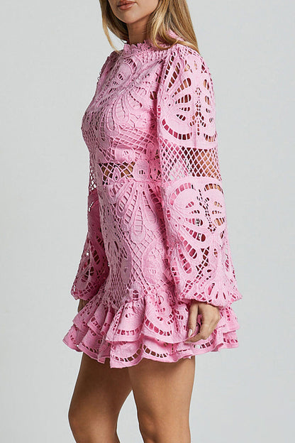 Vestido sexy de encaje con cuello mandarín y malla con volantes y aberturas (5 colores)